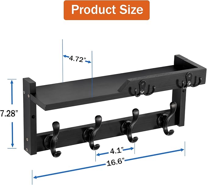 dreampossible Coat Rack Wall Mount with Shelf, Coat Hanger Wall Mount with Key Hooks and Mail Holder, Wood Entryway Floating Shelf with Hooks and Storage, Hat Rack for Wall Key Holder Mail Organizer - Image 6