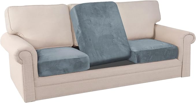 PrinceDeco Velvet Stretch Couch Cushion Covers, Sofa Slip Covers for 3 Seat Cushion Couch Chair Loveseat Sofa Cushion Furniture Protector Sofa Cover (Each Width Up to 29.5", Stone Blue) - Image 8
