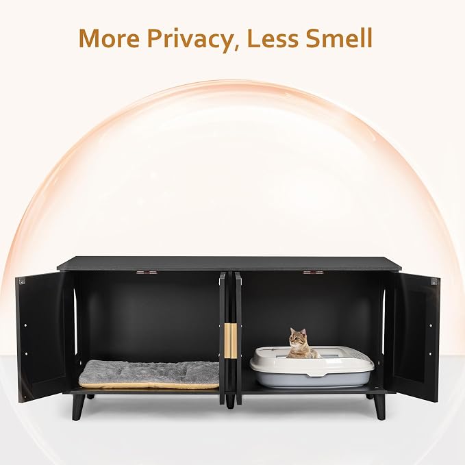 Homhedy Boho Cat Litter Box Enclosure for 2 Cats, Black and Natural | Hidden Litter Box Furniture with Double Rattan Decorated Doors, Cat Washroom, Cat House, Dog-Proof, TV Stand - Image 8