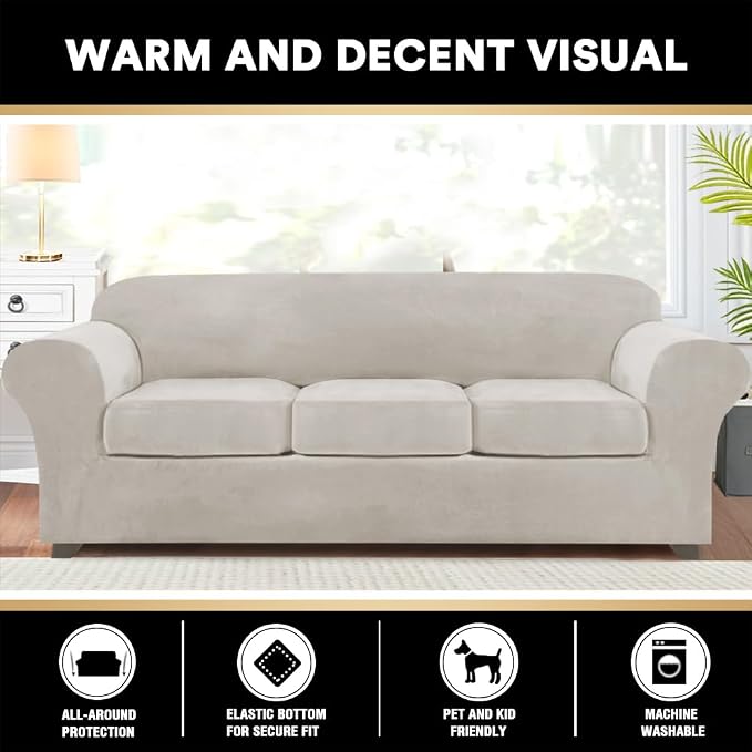 PrinceDeco Velvet XL Couch Cover for Oversized Sofa 4 Piece Sofa Covers for 3 Cushion Couch Washable Furniture Protector with Non Slip Elastic Bottom Width Up to 105 Inch(X-Large,Oatmeal) - Image 8