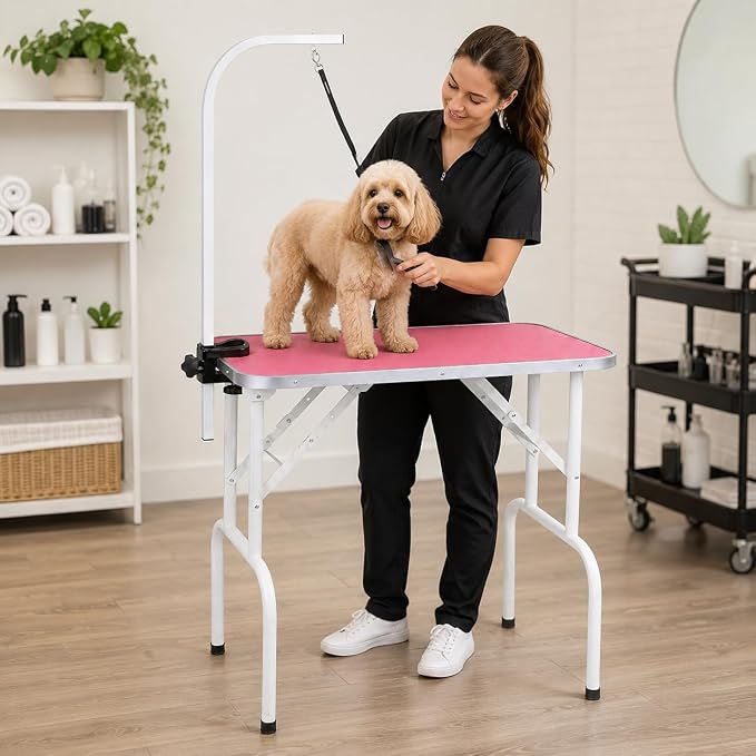 LEIBOU Pet Dog Grooming Table Foldable Grooming Table Heavy Duty Iron Frame with Arm & Noose for Dog Cat Pet Grooming (32'', Pink) - Image 9