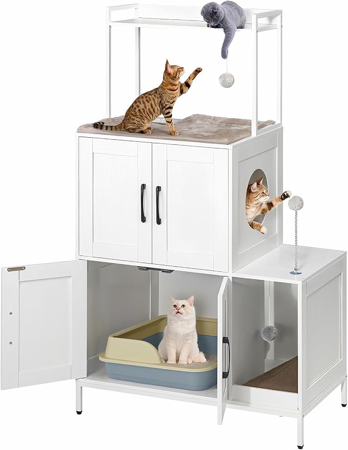 HOOBRO Litter Box Enclosure, Litter Box Furniture with Storage, 2-in-1 Hidden Cat Furniture with Shelf, 2 Dangling Plush Balls and 1 Toy Ball, Large Wooden Cat Washroom, White WT78MW01 - Image 9