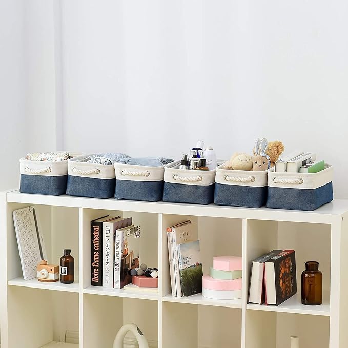 TheWarmHome Storage Basket for Organizing - Small 12x8x5.2 inch 6 Pack Collapsible Storage Bin for Shelves, Canves Storage Cubes for Organizer Cloth Box Gift Toys Closet (White & Jean Blue) - Image 6