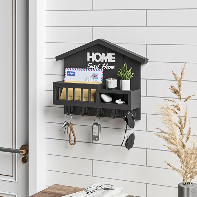 Key and Mail Holder for Wall, Wall Key Holder with Shelf, Home Key Holder for Wall, Wood Black Key Holder Wall Mount, Mail Organizer Wall Mounted, Entryway & Front Door Key Holder with 5 Hooks - Image 6