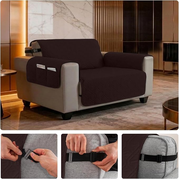 100% Waterproof Quilted Couch Cover,Straps&Pockets,46" Chocolate | Washable sofa cover, pet-friendly, scratch-resistant furniture protector, quilted sofa cover, reversible, non-slip backing. - Image 6