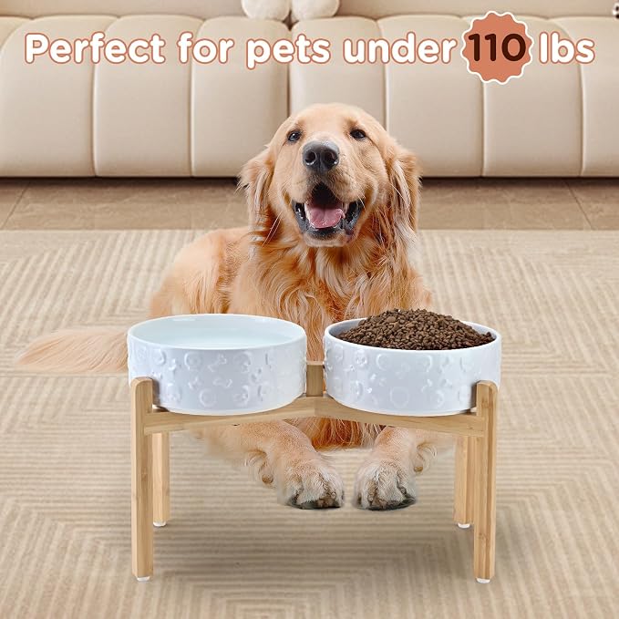 SPUNKYJUNKY Elevated Dog Bowls Ceramic, 8.3'' Dogs Food Water Bowls Raised with Non-Slip Bamboo Stand for Large Sized Breed Microwave Dishwasher Safe - 60 OZ,Skull White - Image 7