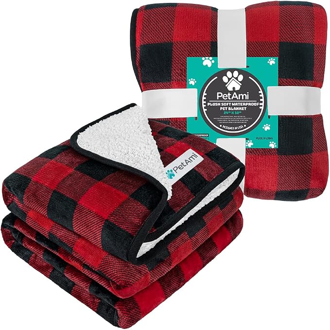 PETAMI Sherpa Fleece Waterproof CAT and Dog Blanket, Checkered RED, Small - Image 8