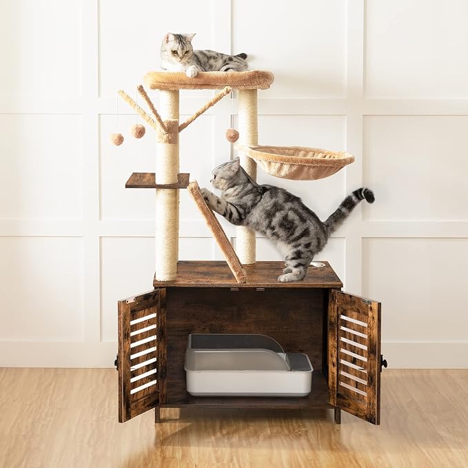 HOOBRO Cat Tree with Litter Box Enclosure, 44" Tall Wooden Cat Tower with Scratching Posts, Cat Hammock, Hidden Litter Box Furniture, All-in-One Indoor Cat Condo, Rustic Brown FG48MZ03 - Image 9