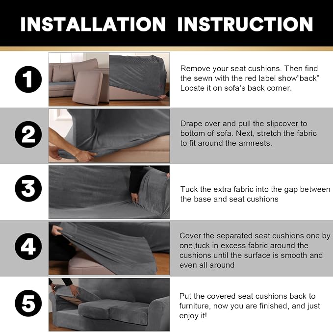 PrinceDeco Velvet Couch Covers for Sofa Soft 4 Pieces Couch Covers for 3 Cushion Couch Sofa Pet Friendly Furniture Protector with Non Slip Elastic Bottom Width Up to 90 Inch (Large, Grey) - Image 7