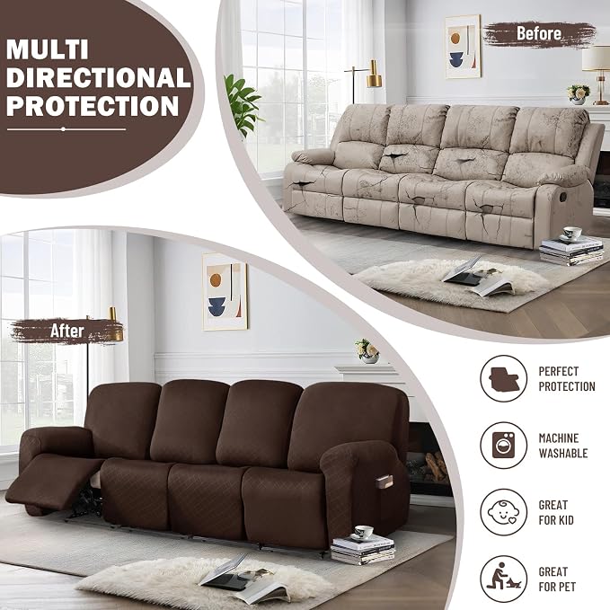 vctops Diamond Recliner Sofa Covers 10-Pieces Stretch Large RV Couch Covers for 4 Seats Reclining Slipcovers Soft Solid Furniture Protector (Dark Coffee,4 Seat) - Image 5