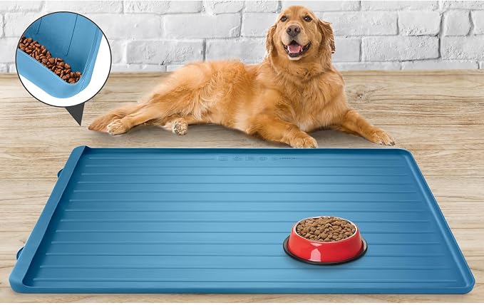 Dog mat for Food and Water - 39.4" x 27" Thickened Large Dog Food Mat | Waterproof Pet Bowl Mat with Residue Collection Pocket and High Edges to Prevent Water and Food Spills - Navy - Image 7