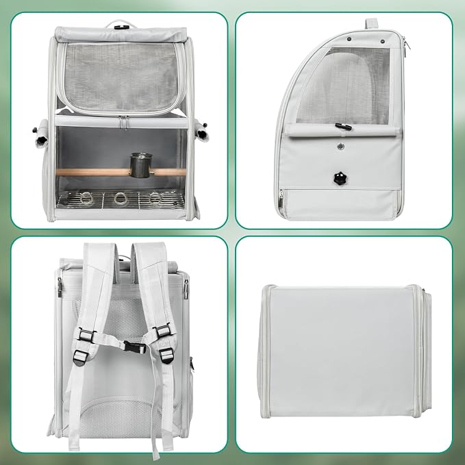Bird Carrier Bag, Bird Travel Cage with Standing Perch and Indestructible Stainless Steel Mesh, Protable Transparent Breathable Carrier with Feeder Cups for Small Birds Parrot Parakeet, Grey - Image 9