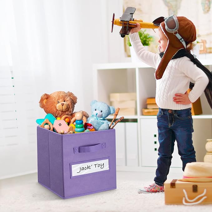 11 Inch Storage Cube,Storage bin,cube storage (Set of 10) Foldable Fabric Cube Storage Bins with 10 Labels Window Cards & a Pen,Baskets Containers for Shelves,Closet Organizers Box,Purple - Image 5