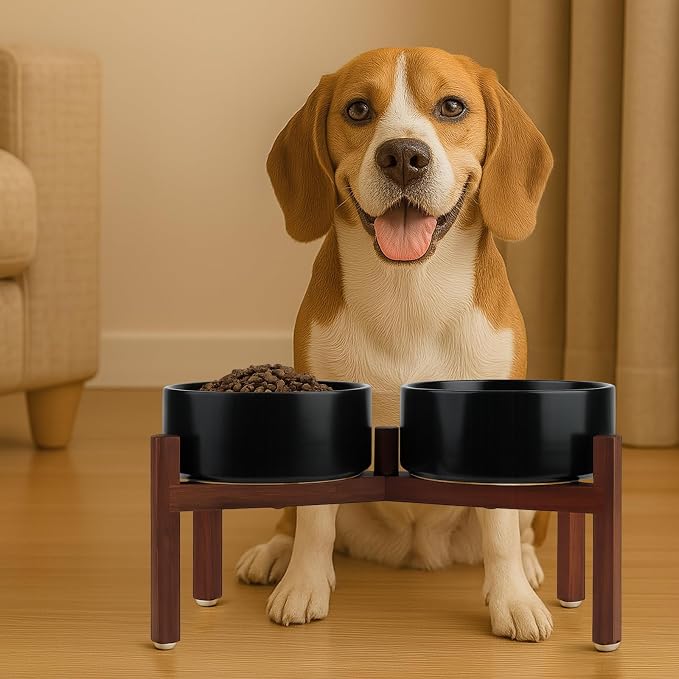 SPUNKYJUNKY Raised Ceramic Dog Bowls Set with Non-Slip Acacia Wood Stand for Medium Sized Dog(42.27 OZ, Black) - Image 6