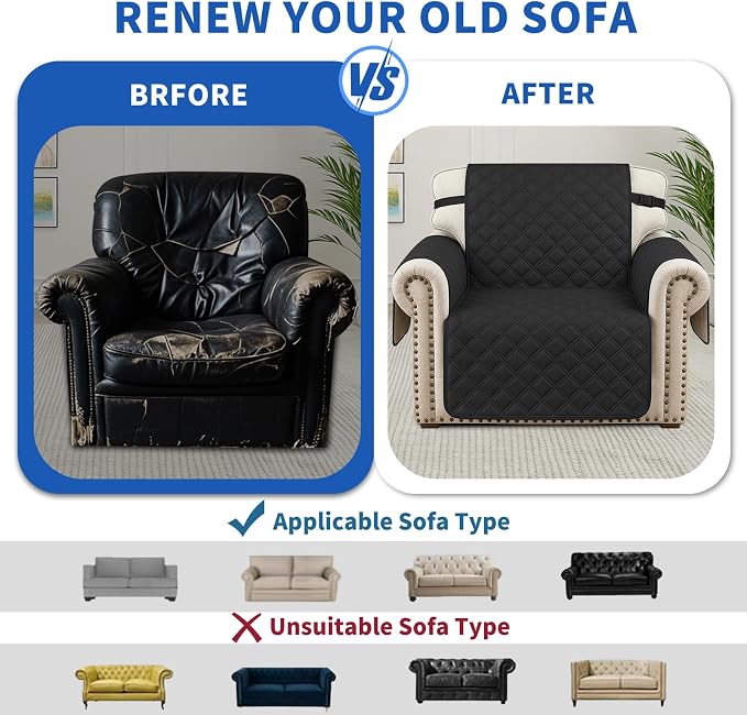 Waterproof Couch Cover for Pets, Sofa Covers for 3 Cushion Couch Washable, Non Slip Couch Covers for Dogs with Side Pockets Elastic Straps, Quilted Couch Covers for Sofa (Sofa, Black) - Image 7
