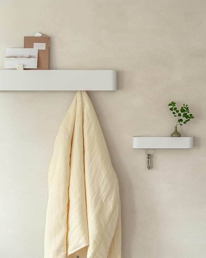 Kazai. Coat Rack Wall Mount with Shelf 'Tone' | Modern Design Coat Hanger with Hidden Hooks and Storage | Hat Rack with Shelf in Metal | Wall-Mounted Purse Organizer | White - Image 8