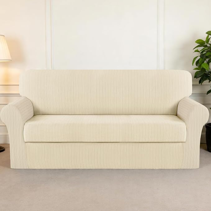 Sofa Cover Stretching Skid Resistance Couch Cover for Pets Washable, Thick and Durable Soft High Spandex Striped Pattern Sofa Covers, Form Fitted Sofa Slipcover(Sofa, Ivory) - Image 7
