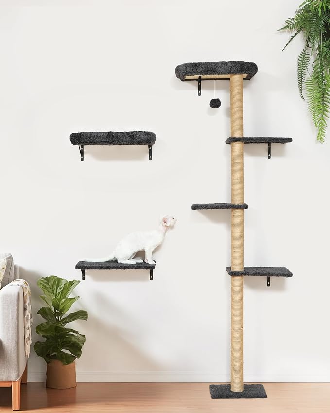 FUKUMARU Cat Wall Shelves Set, 70 inch Wall Mounted Tree, Grey | Kitten Scratching Post with Soft Cushion Perch, Space Saving Climbing Wall Furniture for 16 Inch Drywall - Image 9