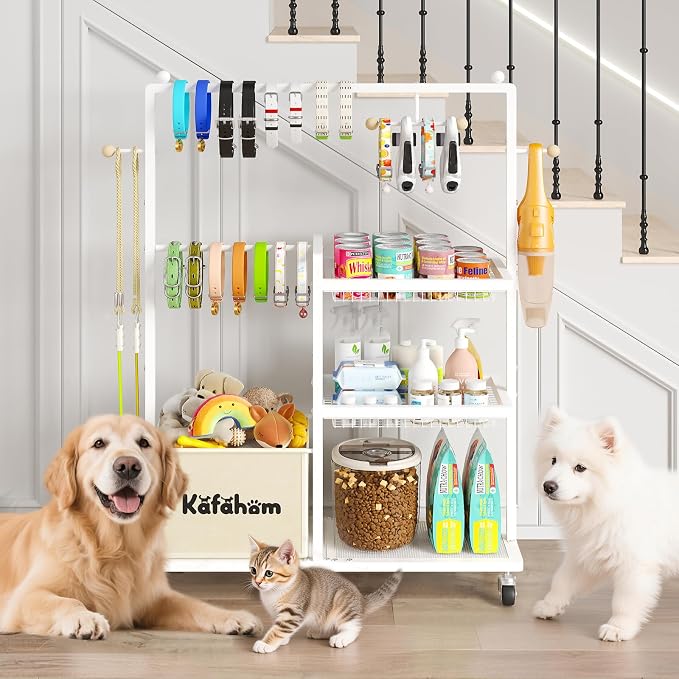 KAFAHOM Dog Toy Basket, Basket For Dog Toys Living Room, The Stuff For Dogs, Cat Toy Box, Dog Toy Bin, Toy Chest Storage, All-in-One Pet Supplies Organizer with Leash Hanging Rail and Locking Casters - Image 7