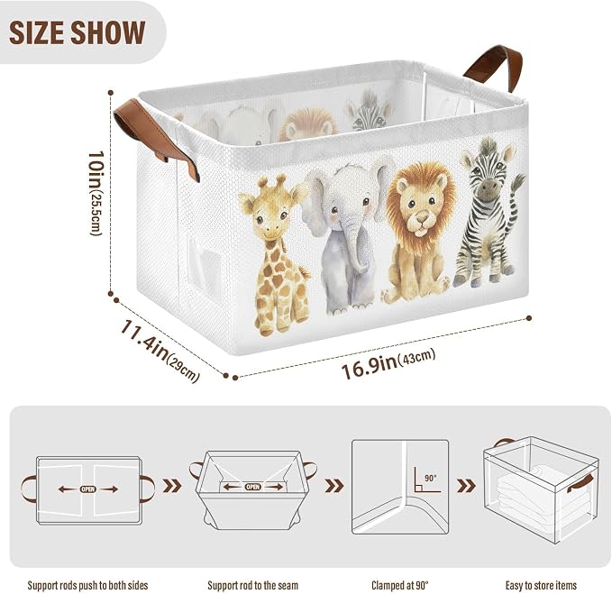 Watercolor Jungle Animal Cute Wildlife Storage Basket for Baby with Handles&Label Rectangular Waterproof Nursery Storage Bins Collapsible Organizer Baskets for Kids Cloth Gift Toys Laundry Shelf - Image 7