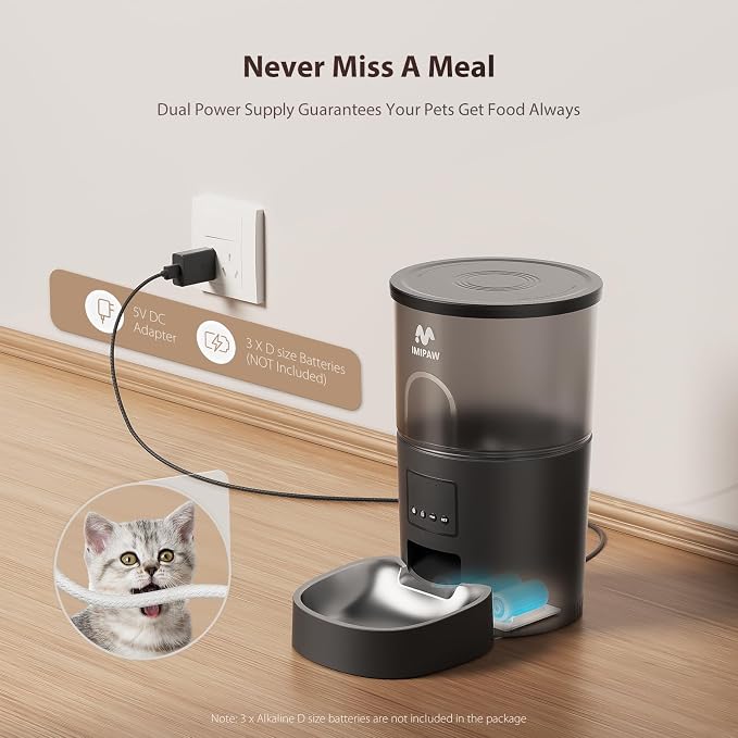 IMIPAW Automatic Cat Feeder, 5G WiFi Food Dispenser with APP Remote Control, Pet Dry Food Smart Feeder, Programmable Timed Feeding, Dual Power Supply, 1-10 Meals, Desiccant Bag, Stainless Steel Bowl - Image 8