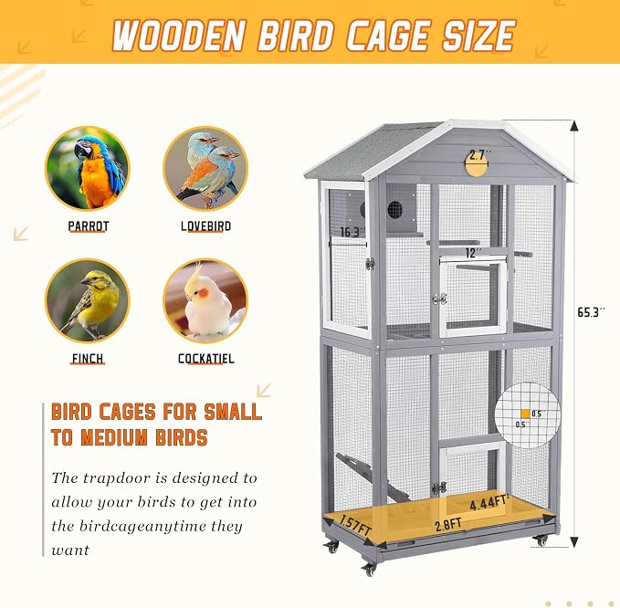Ketive 65in Outdoor Bird Aviary with Wheels,Wooden Bird Cage Indoor Finches Cage Flight cage Wire Mesh,Easy Clean Tray Perches Nest Feeder - Image 6