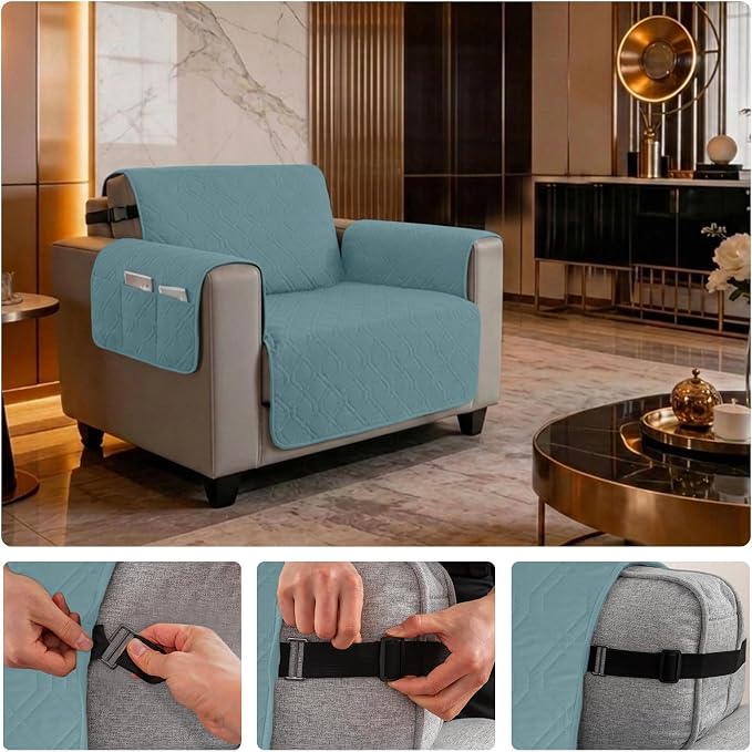 100% Waterproof Quilted Couch Cover,Straps&Pockets,23" Grayishblue | Washable sofa cover, pet-friendly, scratch-resistant furniture protector, quilted sofa cover, reversible, non-slip backing. - Image 6
