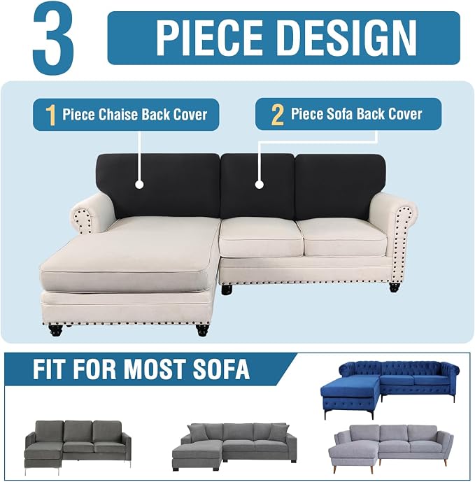 H.VERSAILTEX Backrest Cushion Covers Sectional Couch Back Cushion Covers for Sectional Sofa Set for Both Left/Right Couch (Back Only: 1 Chaise + 2 Sofa, Black) - Image 8