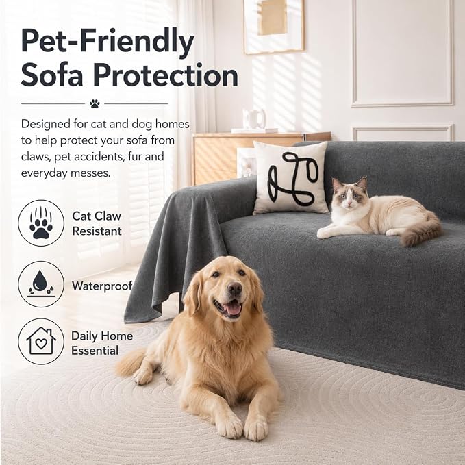 OstepDecor Waterproof Couch Covers for Pets, Couch Protector from Cat Claws | Washable Sofa Cover for Dogs, Non Slip Furniture Protector for Sofas, Loveseats & Sectionals, 71"x102", Dark Grey - Image 9