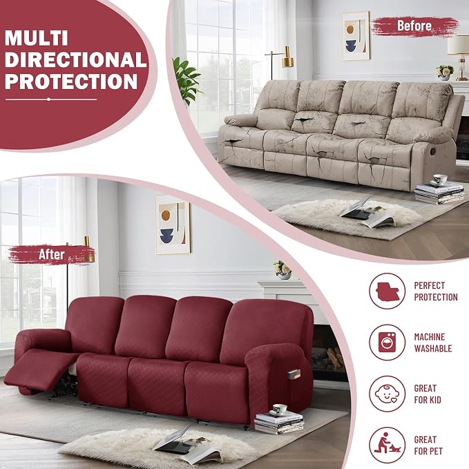 vctops Diamond Recliner Sofa Covers 10-Pieces Stretch Large RV Couch Covers for 4 Seats Reclining Slipcovers Soft Solid Furniture Protector (Wine Red,4 Seat) - Image 5