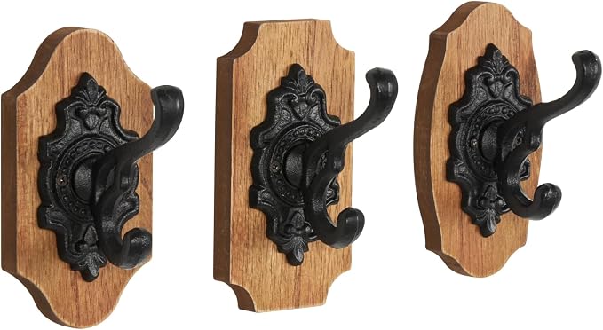 Deco 79 Wooden Fleur De Lis Vintage Inspired Wall Hook with Black Metal Hooks and Curved Edges, Set of 3 4" W, 6" H, Brown - Image 7