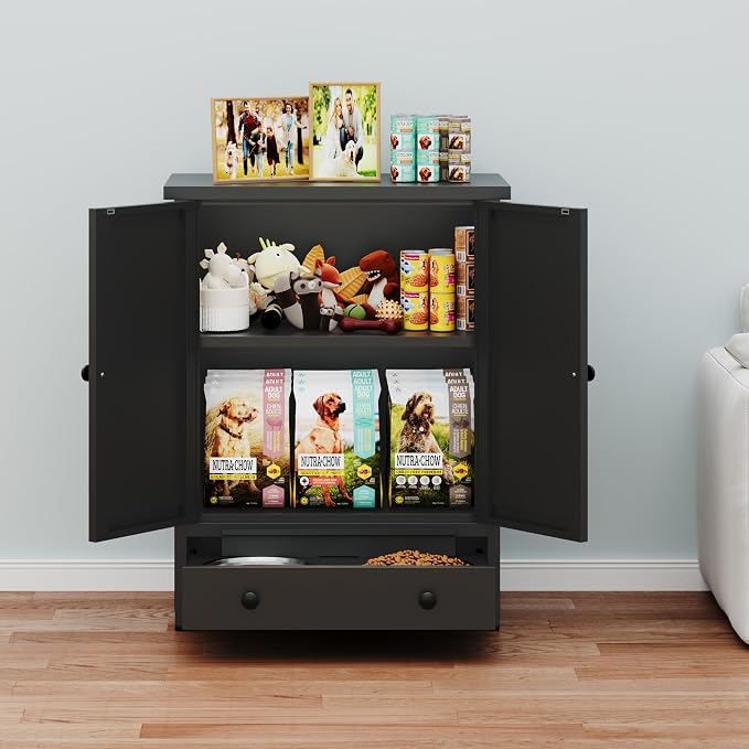 Dog Feeding Station with Storage, Metal Dog Food Storage Cabinet with 2 Elevated Bowls and 3 Hooks, Pet Feeding Station and Food Storage Organizer, Black - Image 8
