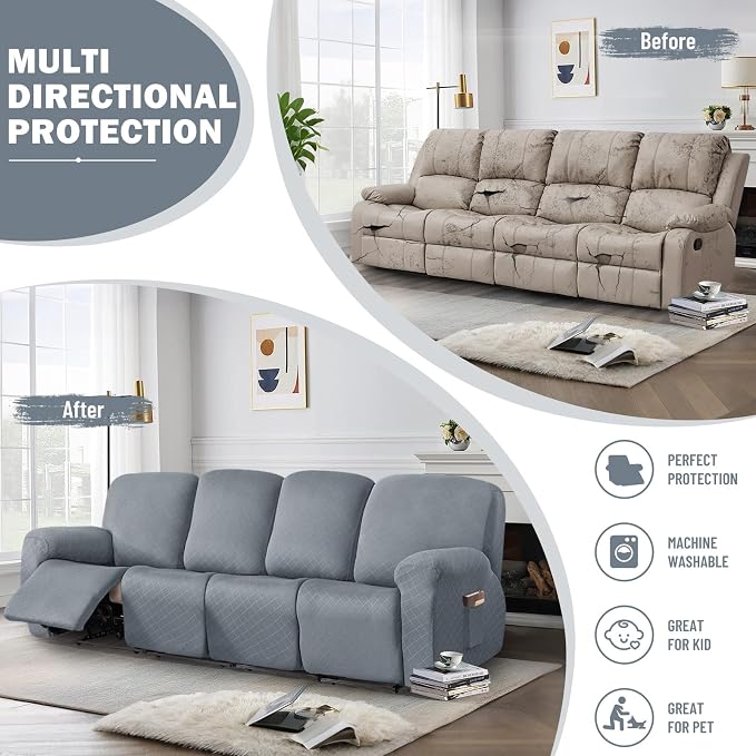 vctops Diamond Recliner Sofa Covers 10-Pieces Stretch Large RV Couch Covers for 4 Seats Reclining Slipcovers Soft Solid Furniture Protector (Light Grey,4 Seat) - Image 5