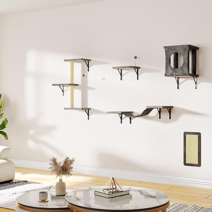 Cat Wall Shelves, 10-in-1 Wall-Mounted Cat Furniture Set | Large Cat Climber Set with House, Bridge, Steps, Scratcher, DIY Playground, Shelves for Indoor Wall Furniture Set - Grey - Image 8