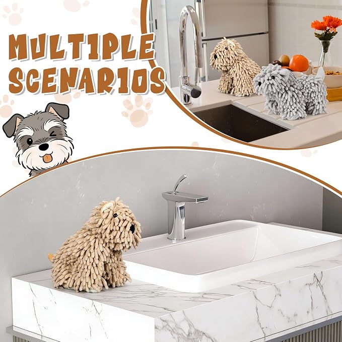 Tegeme 2 Pcs Chenille Dog Hand Towel Fuzzy Towel Absorbent Microfiber Soft for Bathroom Kitchen Washstand (Khaki Grey,Siting and Standing Dog) - Image 7