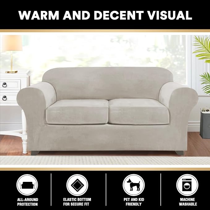 PrinceDeco Velvet Couch Cover Loveseat Covers for 2 Cushion Couch 3 Piece Sofa Covers for Dogs Washable Loveseat Covers Width Up to 72 Inch No Slip Stretch Sofa Slipcover(Medium, Oatmeal) - Image 8