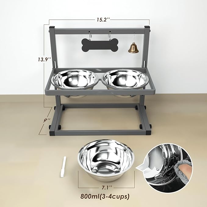 SHAINFUN Elevated Dog Bowls - Raised Stand with 2 Stainless Steel Bowls, Adjustable Height Feeder for Small and Medium Dogs, Puppies, Cats - Grey - Image 5