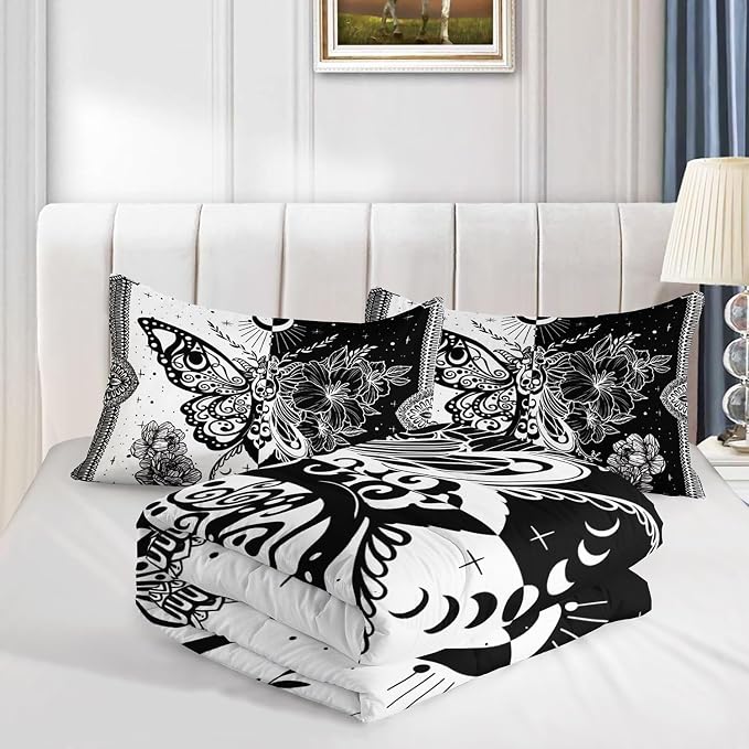 Black White Butterfly Comforter Set - Bohemian Printed Bedding Set with 1 Comforter and 2 Pillowcases for Boys and Girls Bedroom - All Season (Butterfly-2 Full) - Image 4