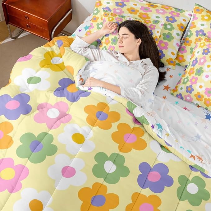 Feelyou Cute Flower 7 Piece Bedding Set Colorful Floral Comforter Set with Sheets for Kids Boys Girls Kawaii Theme Bed in a Bag Yellow Bed Set Soft Lightweight - Image 7
