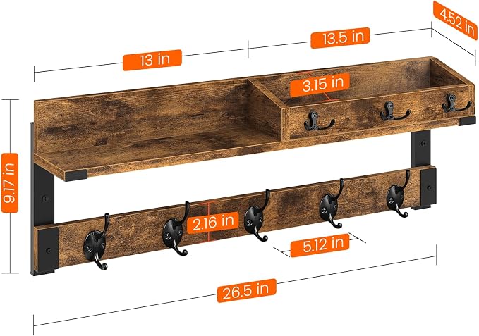 Homode Coat Rack with Shelf, Wall Shelf with Hooks, Rustic Brown Black | 26 Inch Long Coat Hanger Wall Mount with Key and Mail Holder, Wood Entryway Shelves for Hanging Hat Jacket Backpack Purse - Image 7