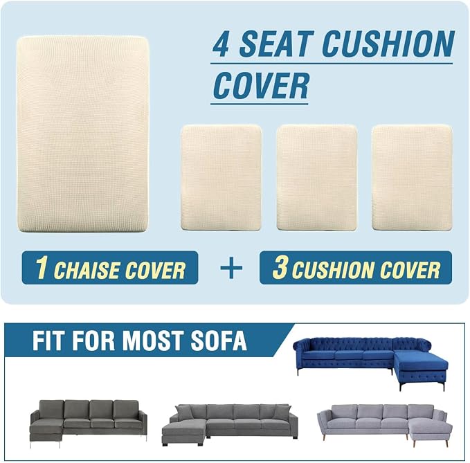 H.VERSAILTEX Sectional Couch Covers 4 Pieces Sofa Seat Cushion Covers L Shape Separate Cushion Couch Chaise Cover for Both Left/Right Sectional Couch (Seat Only: 1 Chaise + 3 Sofa, Cream) - Image 8