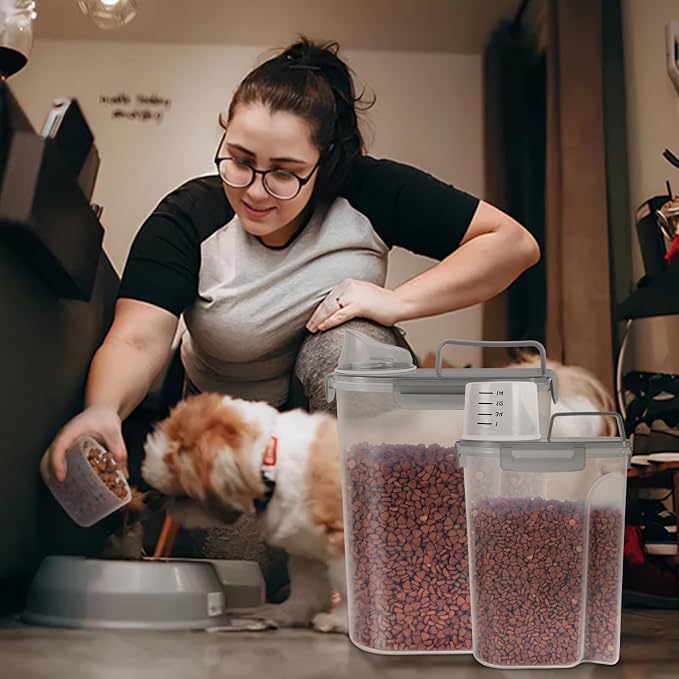 LEAWALK (3+5LBS 2Pack Cat Dog Food Storage Container Upgraded Large Nozzle BPA-free, Plastic Pet Food Containers, With 4 Sealed Clasps/1 Measuring Cup/Handle Easy Clean and Carry (Clear Grey) - Image 7