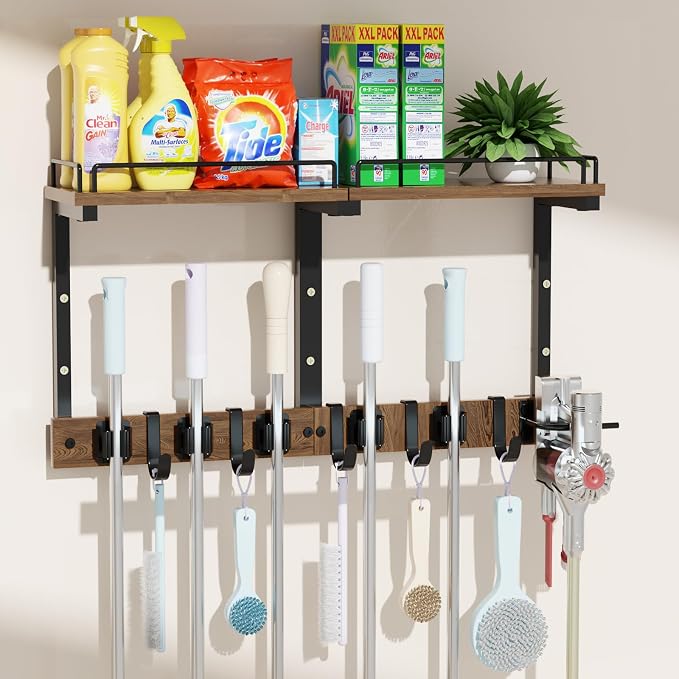 Mop Holder Wall Mount with Cleaning Supplies Organizer, Wood Mop and Broom Hanger Rack Organizer with Anti-Fall Wall Shelf with 5 Clips & Hooks for Garage Laundry Room Kitchen (Brown) - Image 8