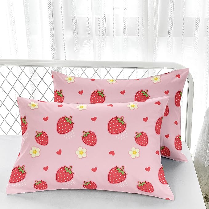 Nttopship Cute Strawberry Comforter Sets, Queen Size Kids Bedding Sets with Cute Strawberries and Flowers Pattern, All Season Comforter and 2 Pillowcases - Image 8