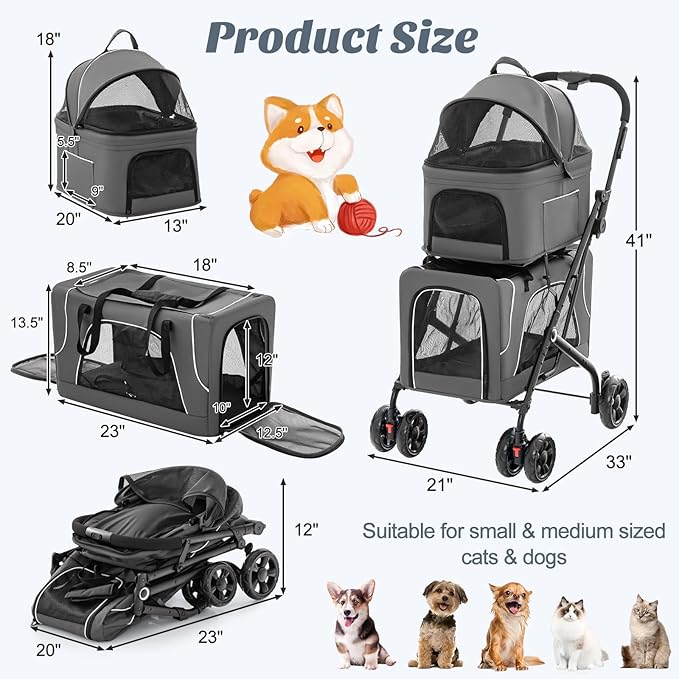 PETSITE Double Dog Stroller, Foldable 3-in-1 4 Wheels Cat Stroller with 2 Detachable Carriers, Safety Belt, Washable Cover, Removable Pads for Small Medium Dogs Cats (Grey)