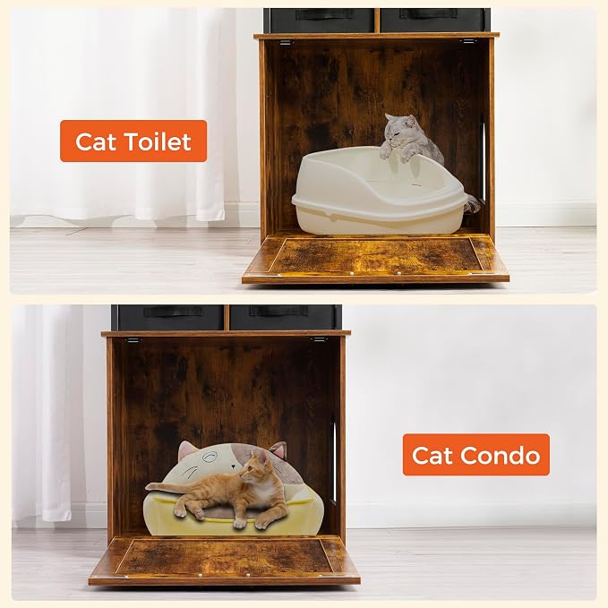 Dwanton Litter Box Enclosure with 2 Storage Shelves and 2 Drawers, 2-in-1 Hidden Cat Litter Box Enclosure Furniture with Shelf, Reversible Entrance, Washable Drawers, 50-Inch, Rustic Brown - Image 8