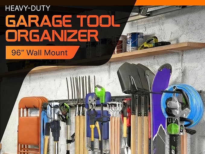 "96 Garage Tool Organizer Wall Mount - Heavy Duty 1020 lbs Metal Storage Rack, Easy Install Adjustable Hooks for Garden Tools Brooms - Image 7