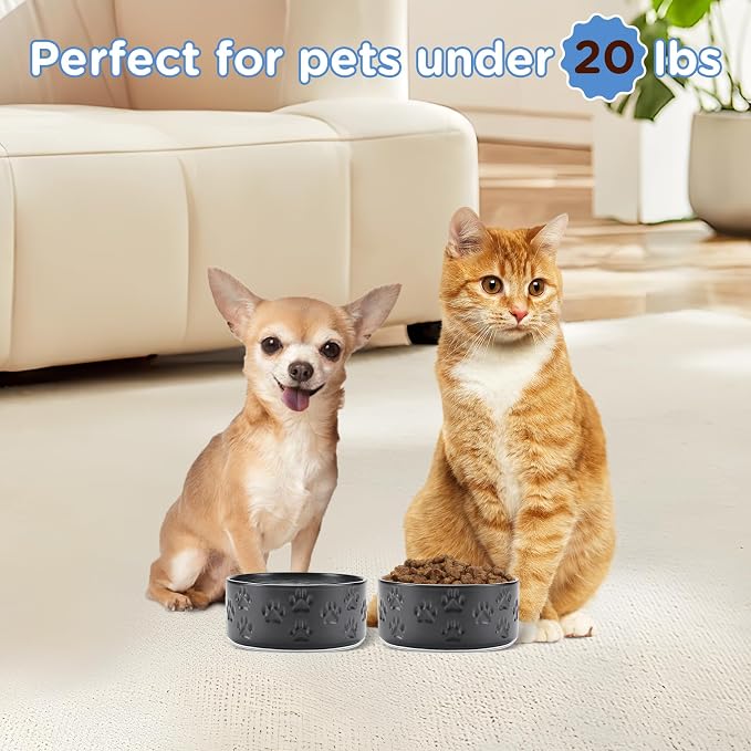 SPUNKYJUNKY Ceramic Dog and Cat Bowls 2 Pack, 5.1'' Dog and Cat Food Water Double Feeding Bowls Non-Slip for Cats and Puppy Small Sized Breed Dogs Microwave Dishwasher Safe - 13.5 OZ, 2pcs, Paw Black - Image 6