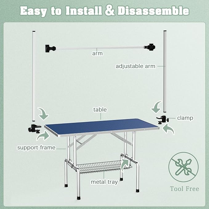 Lyromix 36'' Stainless Steel Pet Dog Grooming Table, Arm/Noose/Tray, Blue | Foldable Dog Grooming Table for Dogs at Home, Adjustable Height Arm, Non-Slip Waterproof Tabletop, Capacity 330Lb - Image 7
