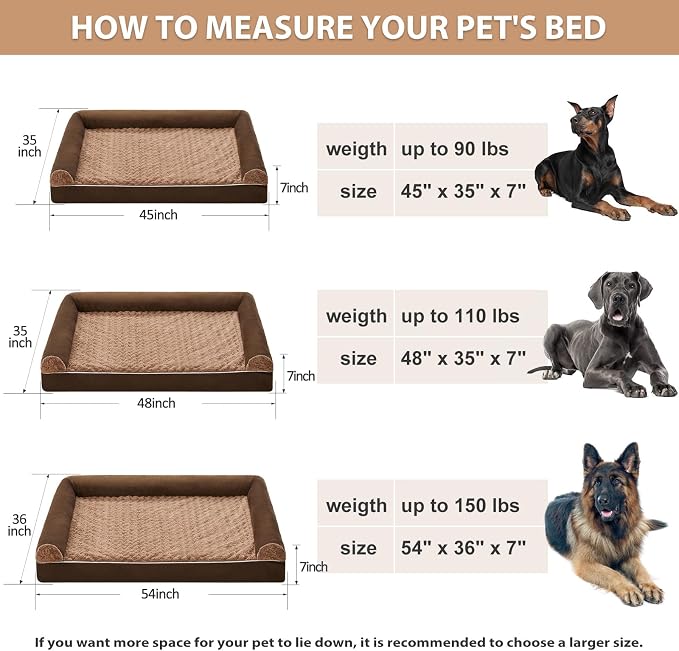 BFPETHOME Orthopedic Washable XXL Dog Bed for Senior Dog Cozy Sleep | Extra Large Waterproof Big Soft Pet Couch Bed for Dogs Relax with Removable Cover Supportive Egg Crate Foam Brown 54x36 Inch - Image 6